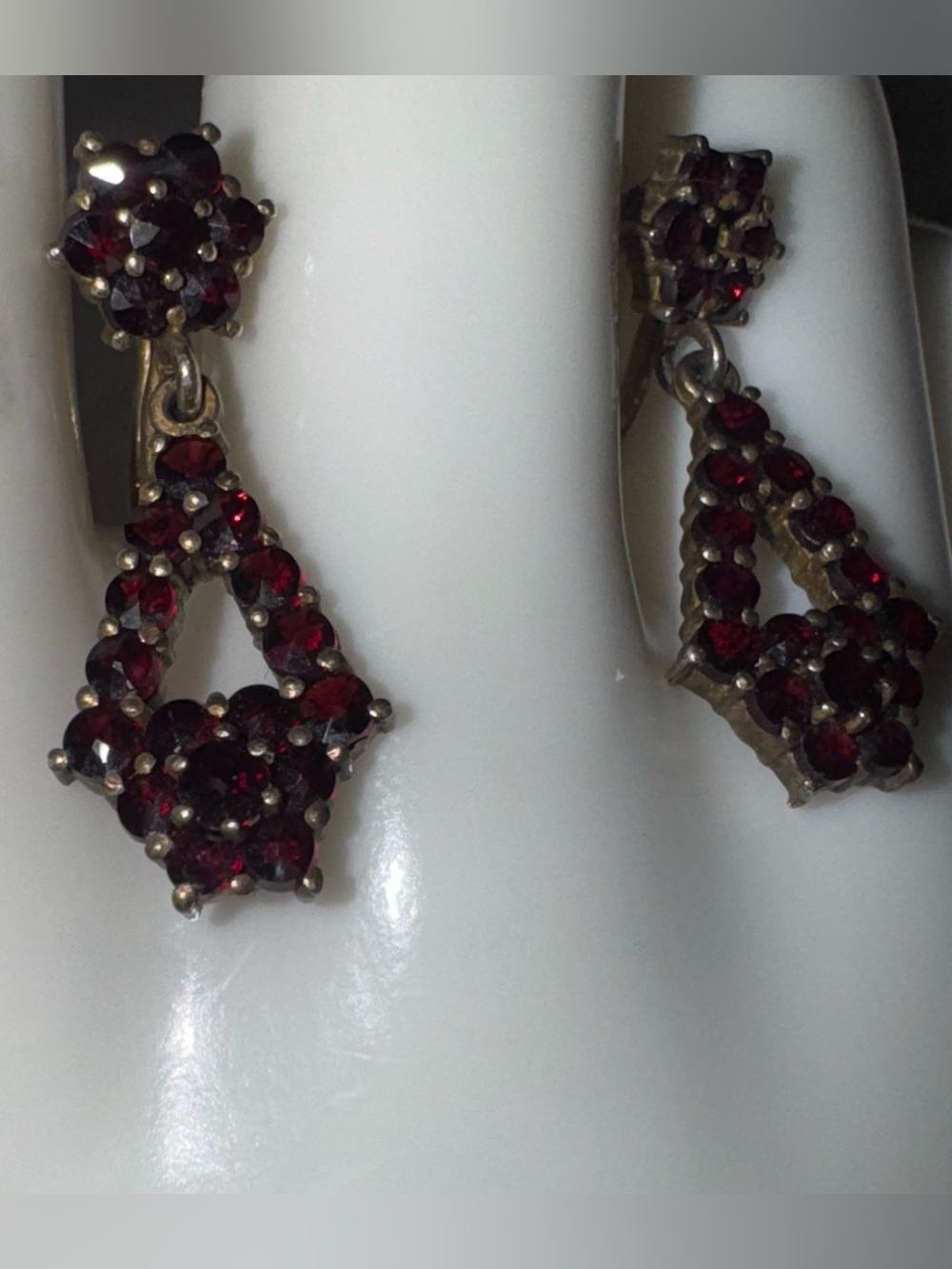 Vintage Bohemian Garnet Drop Screwback Earrings, Marked 900 From the 1960's